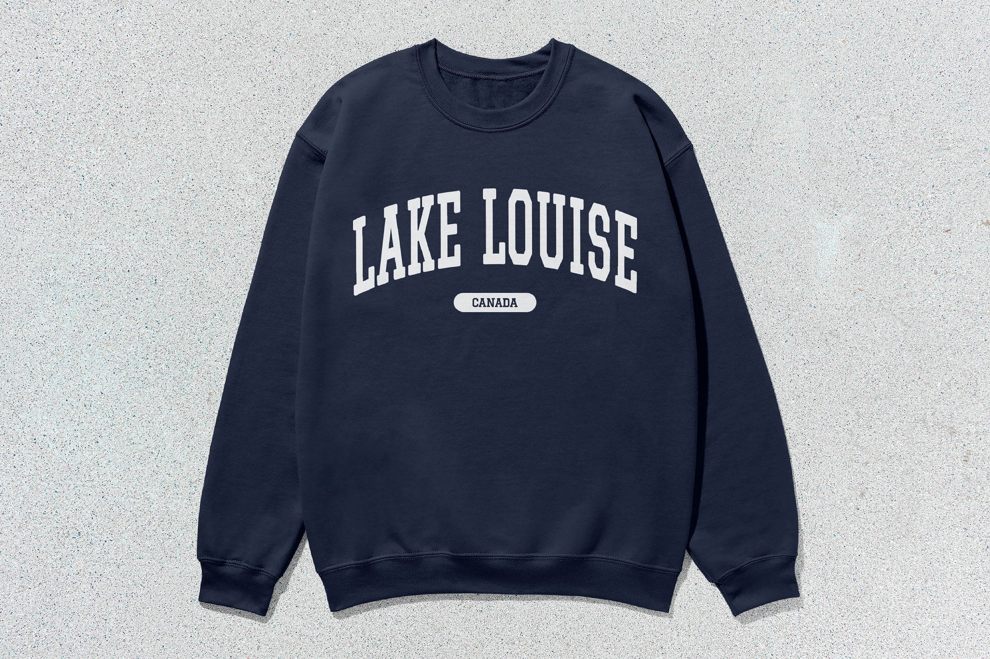 Navy blue Lake Louise crewneck sweatshirt showcasing custom apparel design