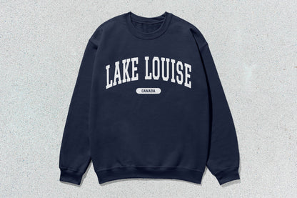Navy blue Lake Louise crewneck sweatshirt showcasing custom apparel design