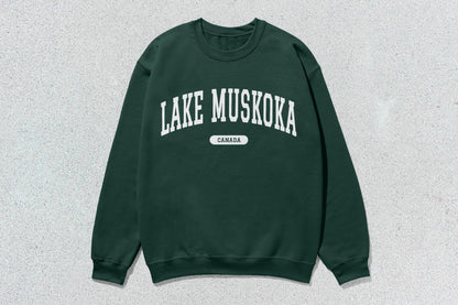 Green Lake Muskoka Canada crewneck sweatshirt showcasing custom apparel in a stylish design