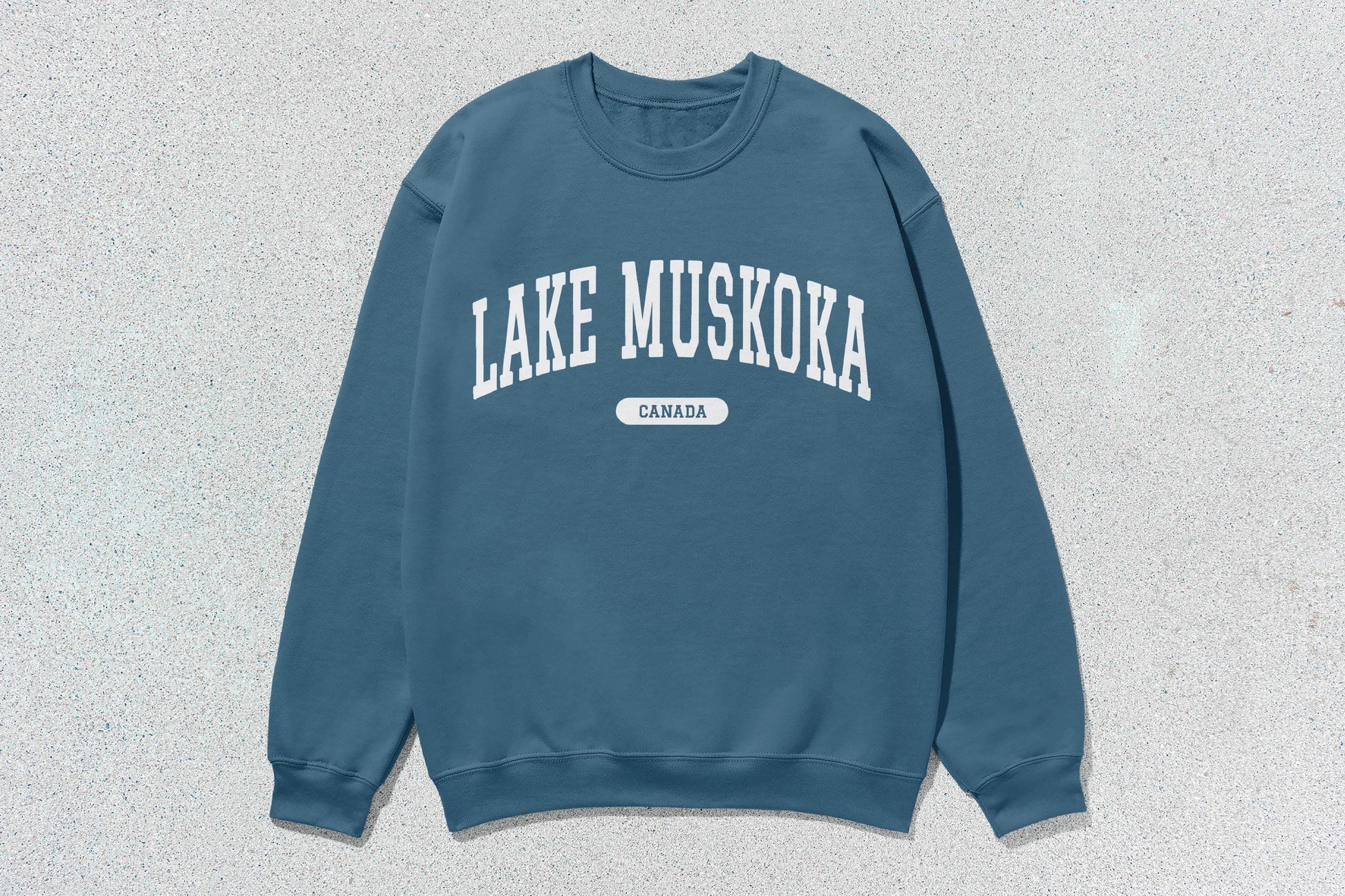 Blue Lake Muskoka crewneck sweatshirt in custom apparel collection displayed