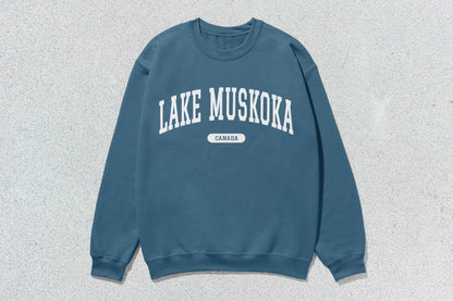 Blue Lake Muskoka crewneck sweatshirt in custom apparel collection displayed