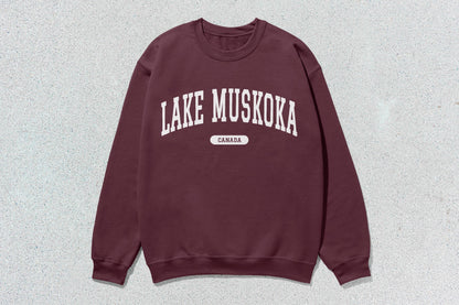 Maroon Lake Muskoka crewneck sweatshirt showcasing custom apparel for men and women
