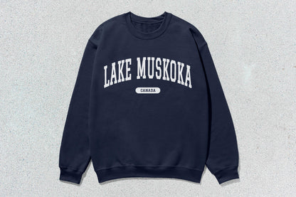 Navy blue Lake Muskoka custom apparel crewneck sweatshirt displayed in product listing
