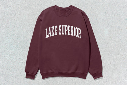 Maroon Lake Superior unisex crewneck sweatshirt with white lettering, perfect for custom apparel