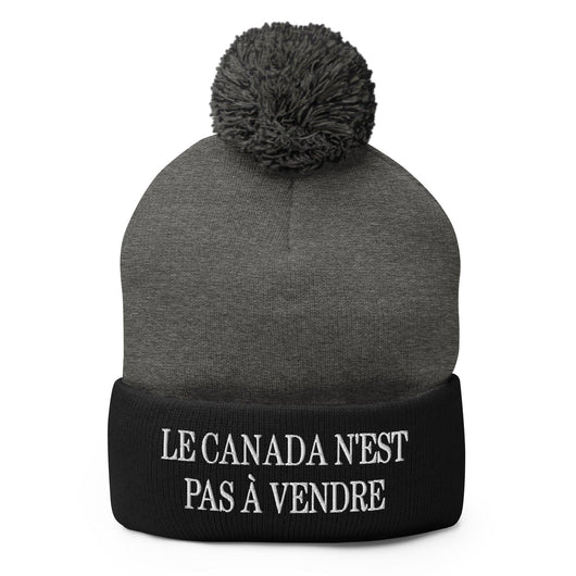 Le Canada n’est pas à Vendre Canada is not for Sale Embroidered Knit Pom Pom Beanie - Dark Heather Grey/ Black