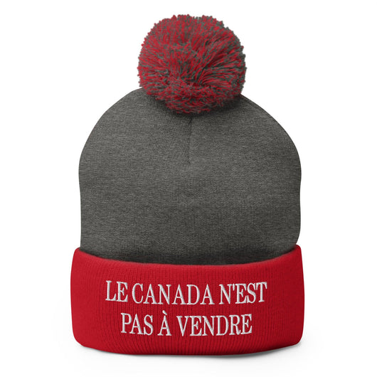 Le Canada n’est pas à Vendre Canada is not for Sale Embroidered Knit Pom Pom Beanie - Dark Heather Grey/ Red - Headwear
