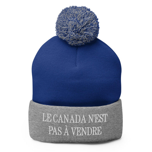 Le Canada n’est pas à Vendre Canada is not for Sale Embroidered Knit Pom Pom Beanie - Royal/ Heather Grey - Headwear