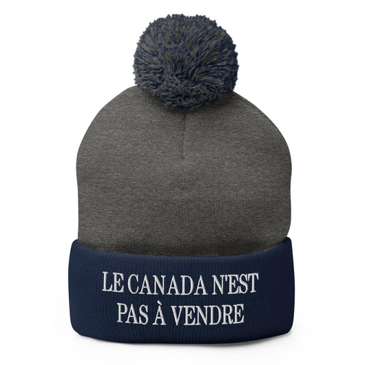 Le Canada n’est pas à Vendre Canada is not for Sale Embroidered Knit Pom Pom Beanie - Dark Heather Grey/ Navy