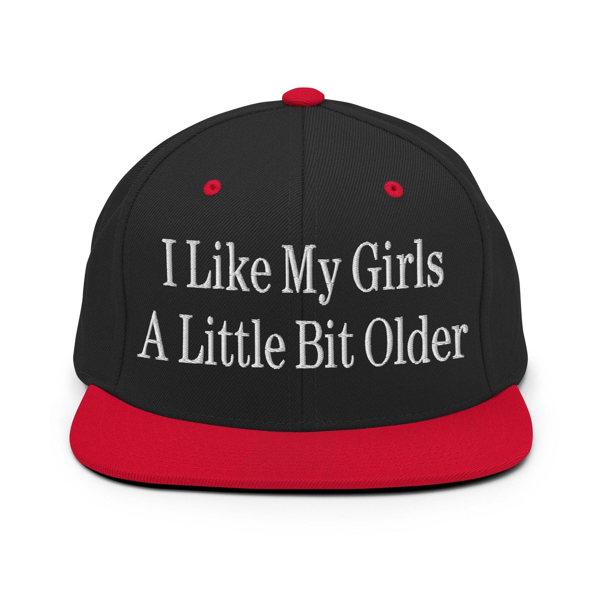 I Like My Girls a Little Bit Older Embroidered Flat Bill Brim Snapback Hat - Black/ Red