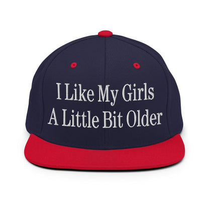I Like My Girls a Little Bit Older Embroidered Flat Bill Brim Snapback Hat - Navy/ Red