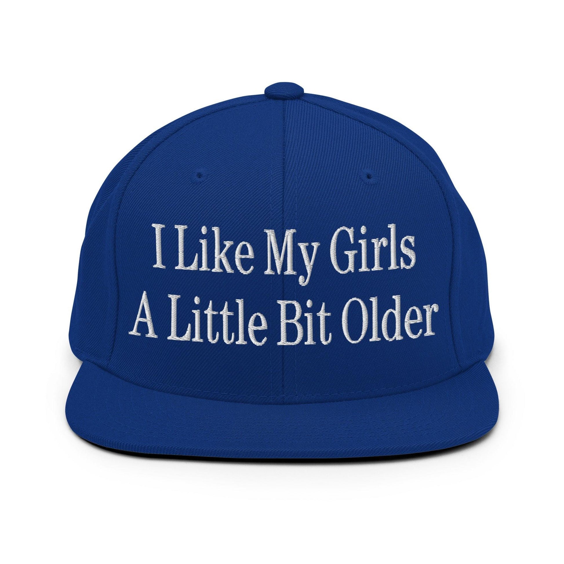 I Like My Girls a Little Bit Older Embroidered Flat Bill Brim Snapback Hat - Royal Blue