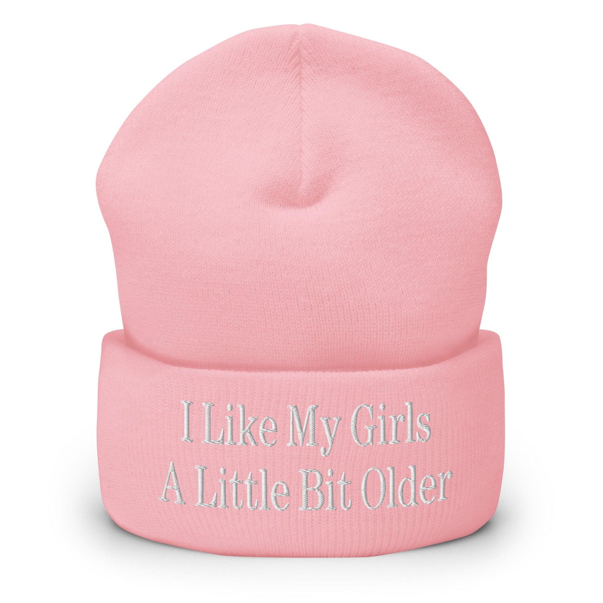 I Like My Girls a Little Bit Older Embroidered Knit Cuffed Beanie - Baby Pink