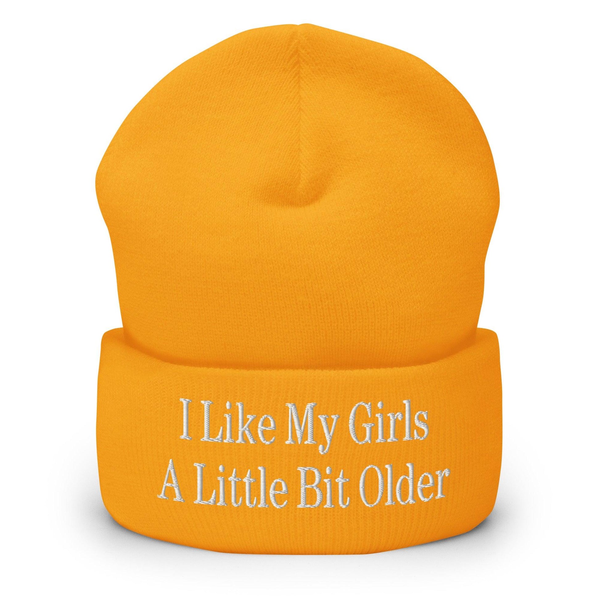 I Like My Girls a Little Bit Older Embroidered Knit Cuffed Beanie - Gold