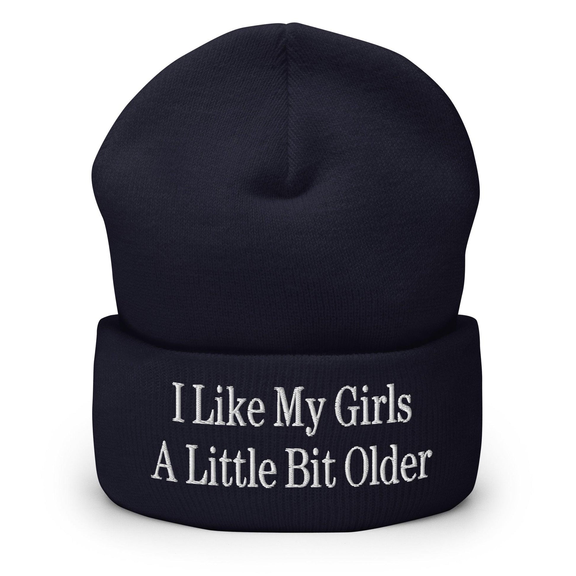 I Like My Girls a Little Bit Older Embroidered Knit Cuffed Beanie - Navy