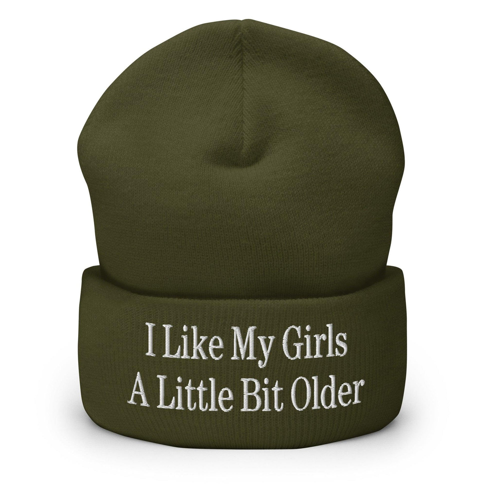 I Like My Girls a Little Bit Older Embroidered Knit Cuffed Beanie - Olive