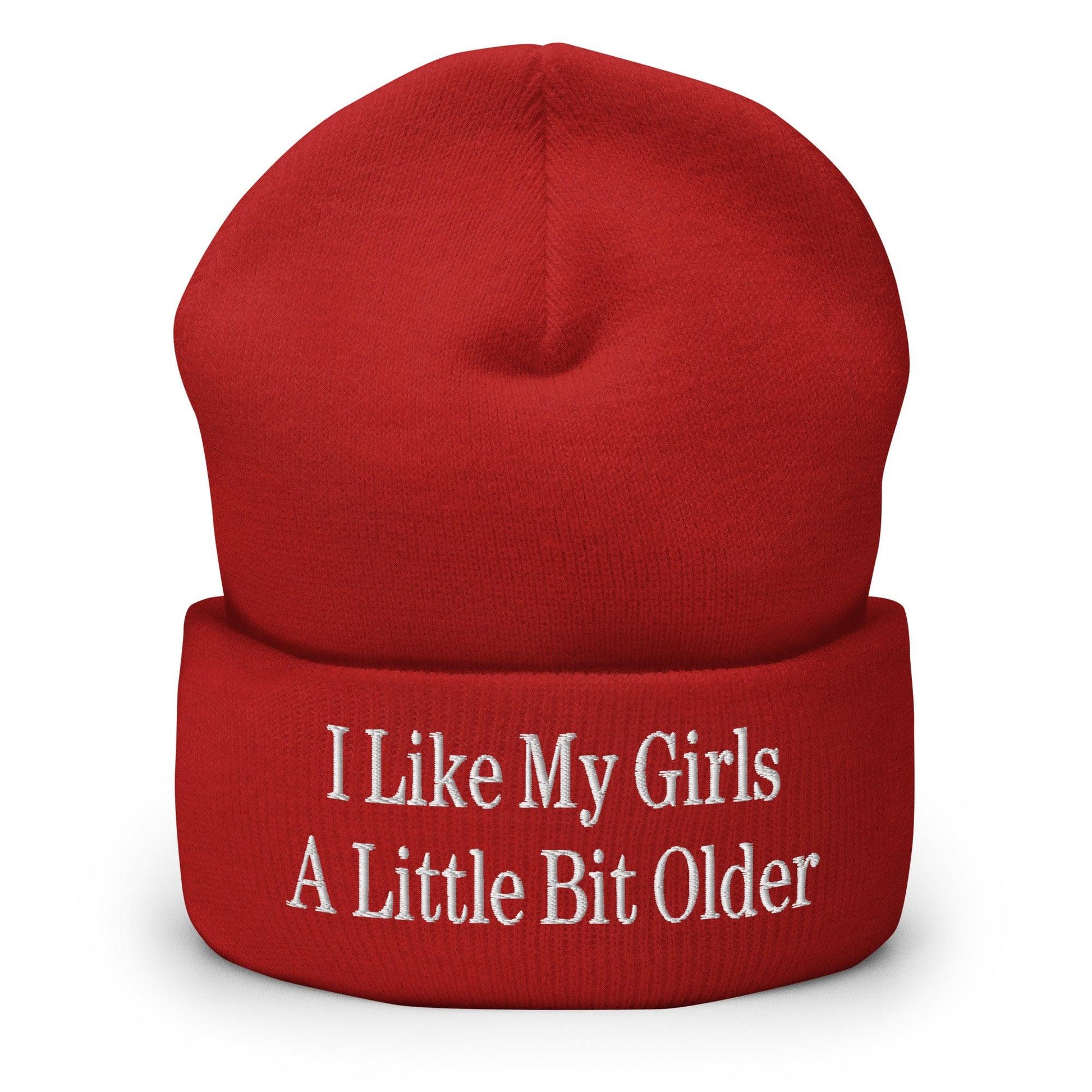 I Like My Girls a Little Bit Older Embroidered Knit Cuffed Beanie - Red