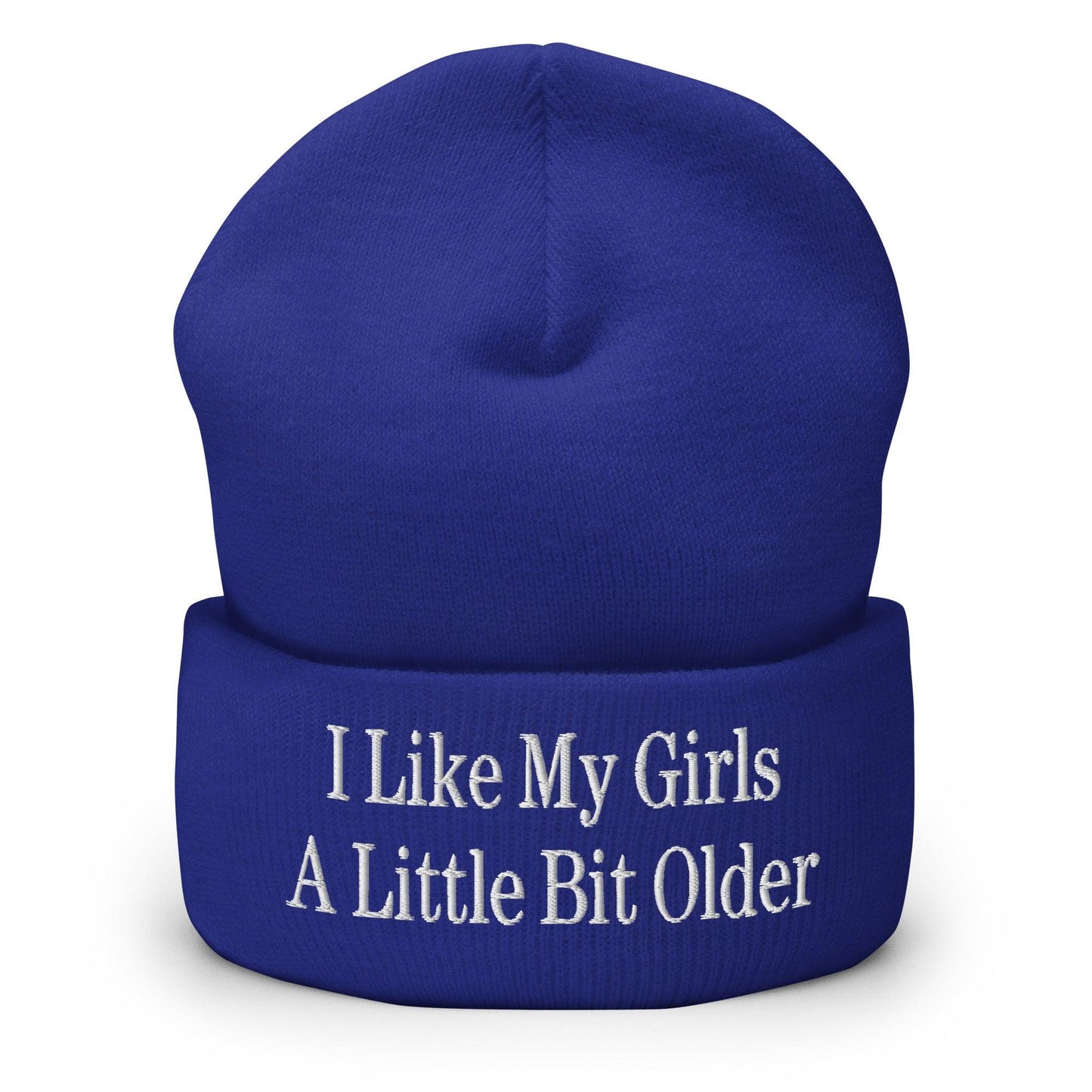 I Like My Girls a Little Bit Older Embroidered Knit Cuffed Beanie - Royal