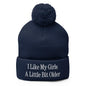 I Like My Girls a Little Bit Older Embroidered Knit Pom Beanie - Navy