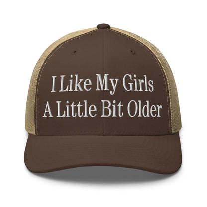 I Like My Girls a Little Bit Older Embroidered Mesh Trucker Hat - Brown/ Khaki