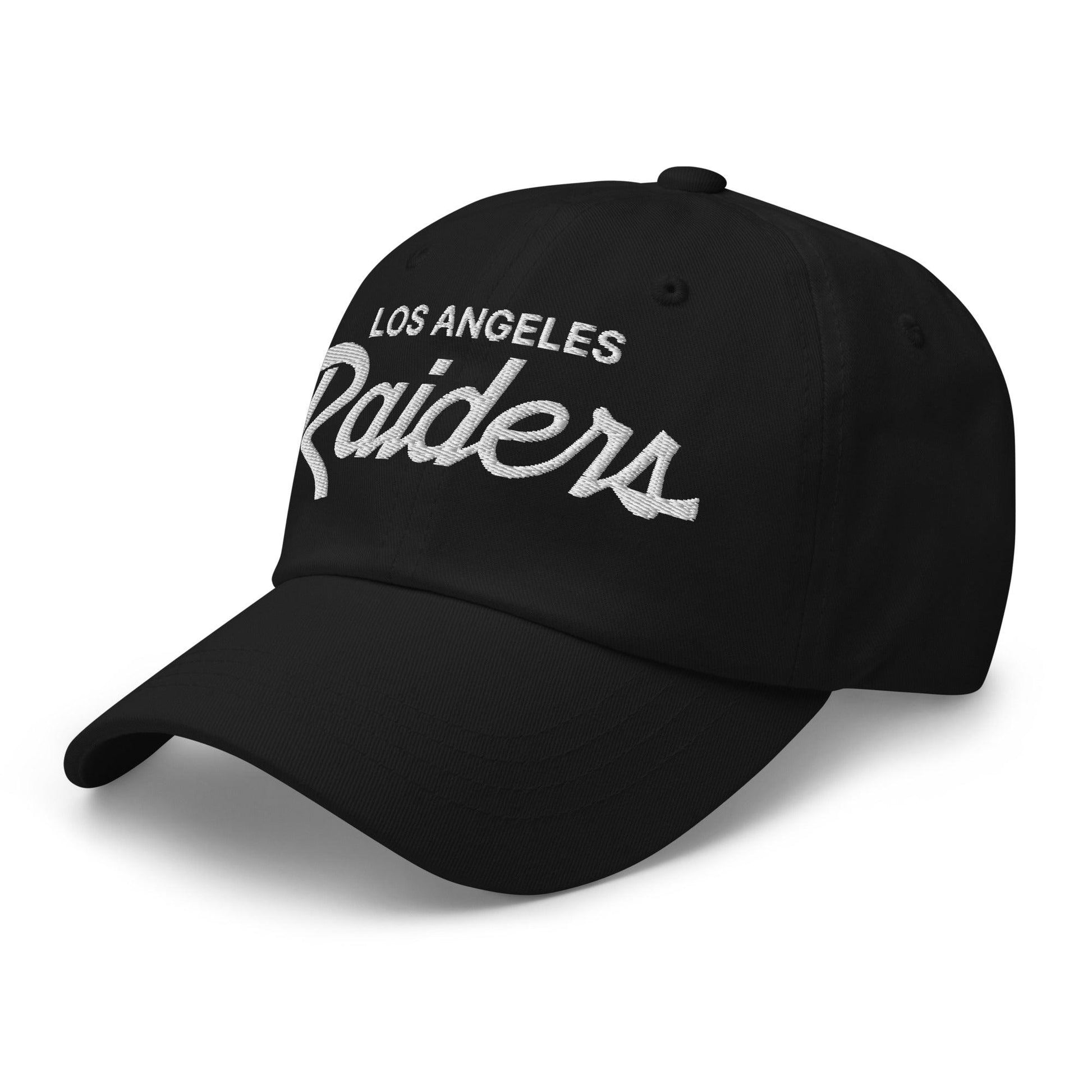 Black baseball cap featuring los angeles sports script and raider vintage sports embroidery