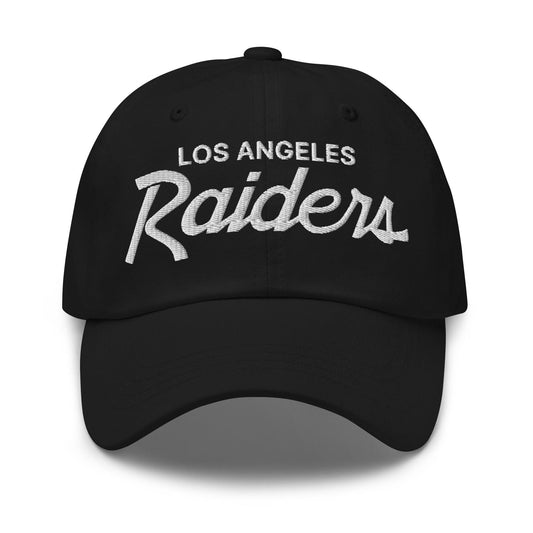 Black baseball cap featuring los angeles sports script and raider vintage sports embroidery