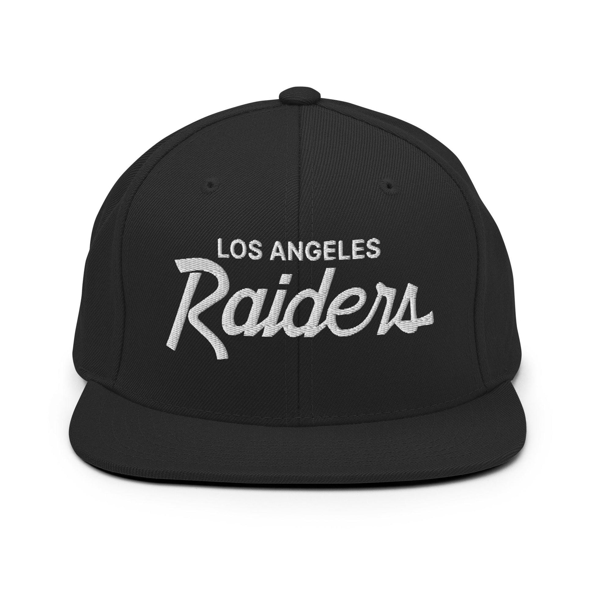 Black Los Angeles Raiders vintage sports script embroidered flat bill snapback hat