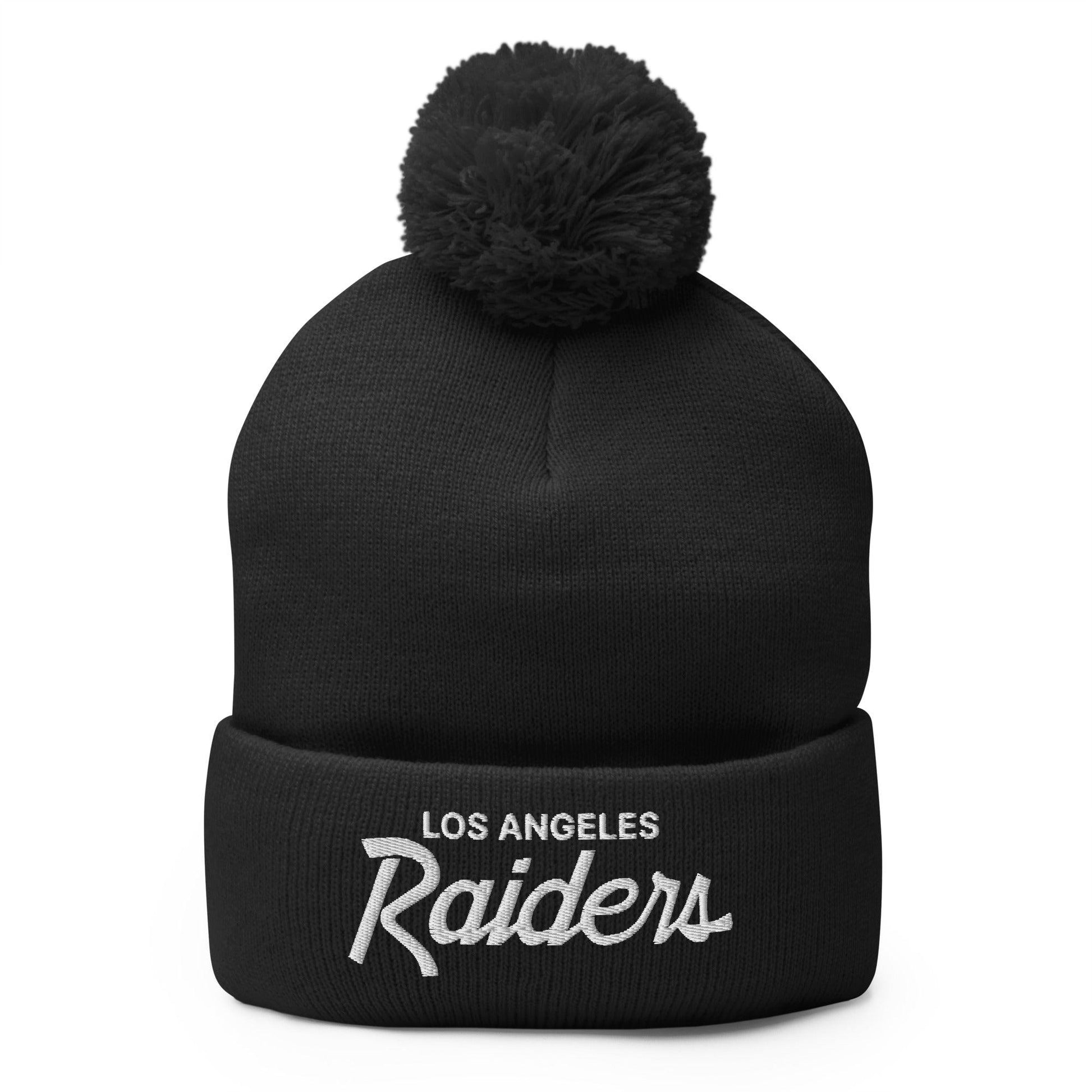 Black Los Angeles Raiders vintage sports script embroidered knit pom beanie for fans