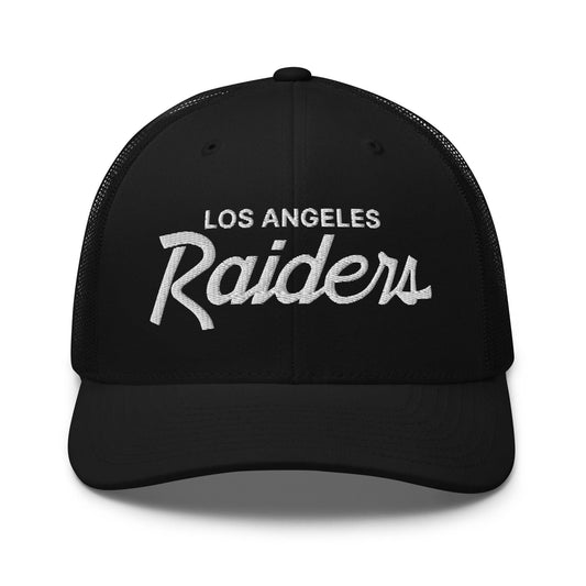 Black Los Angeles Raiders vintage sports script embroidered mesh trucker hat for fans