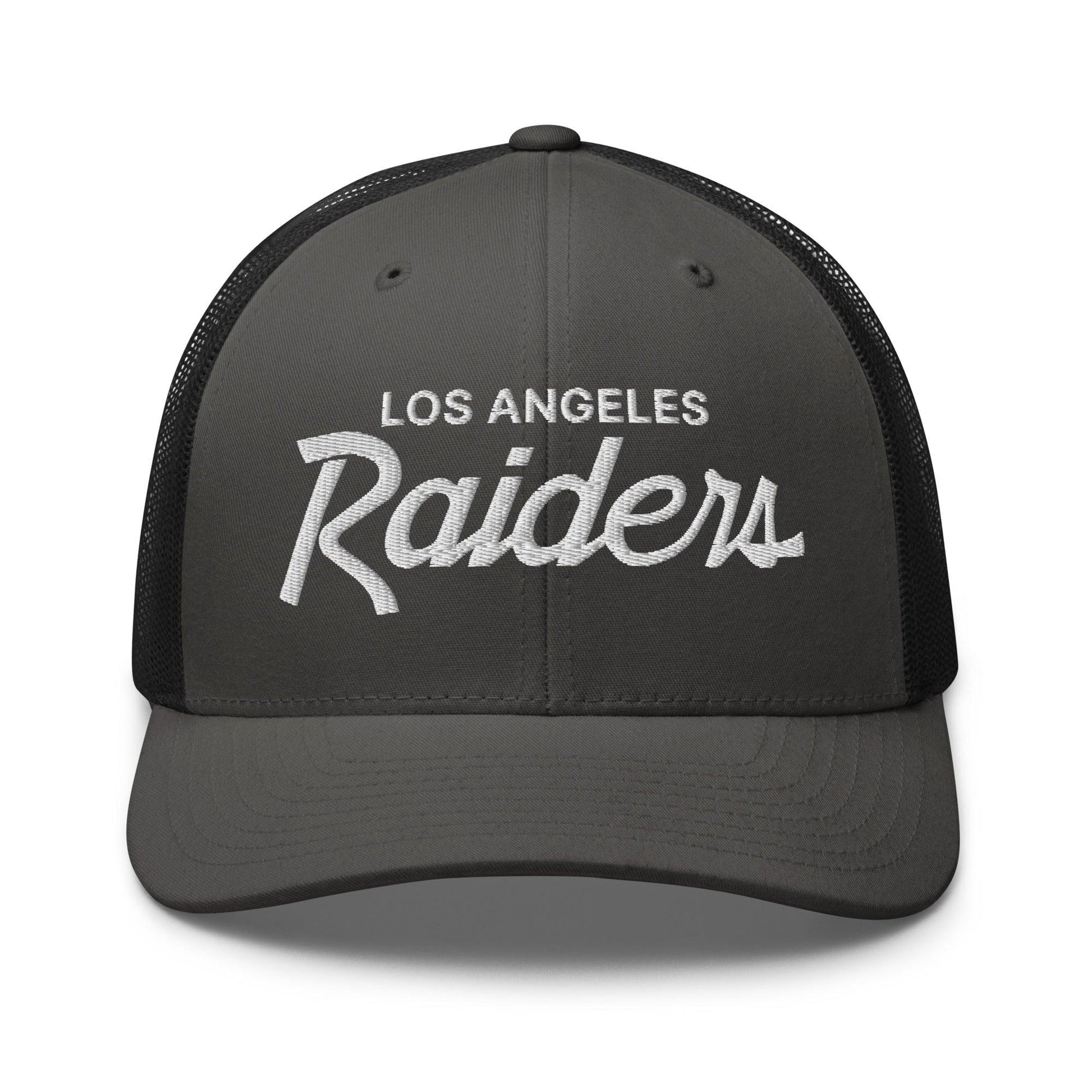 Gray Los Angeles Raiders vintage sports script embroidered mesh trucker hat for men