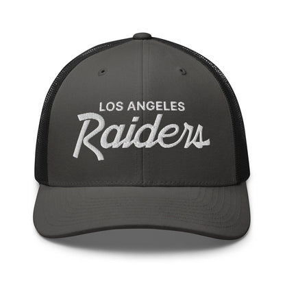Gray Los Angeles Raiders vintage sports script embroidered mesh trucker hat for men