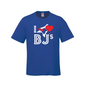 Royal blue long sleeve T-shirt featuring I love BJs graphic and showcasing BJs sunglasses royal design