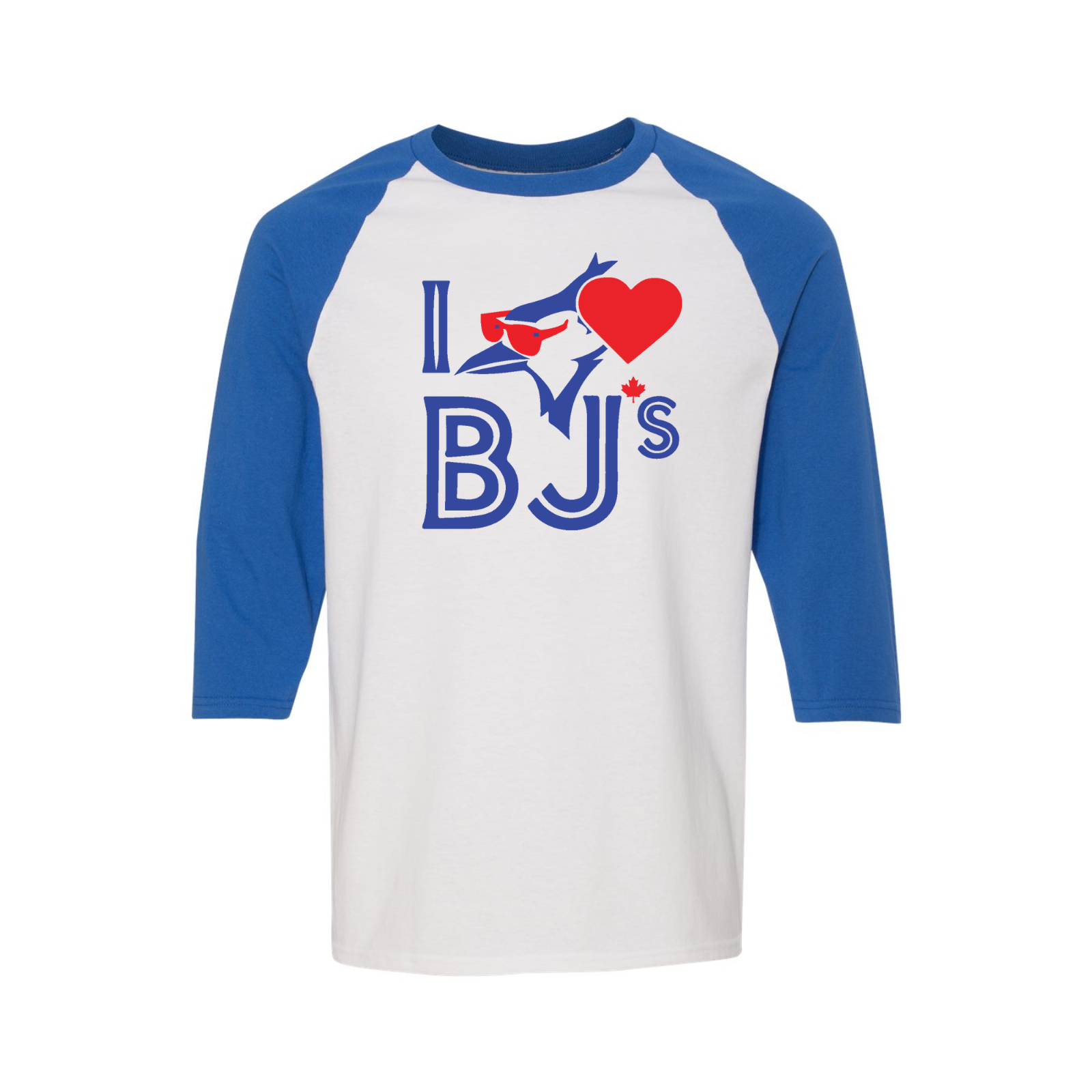 Blue and white baseball tee from Love BJs Raglan custom apparel collection