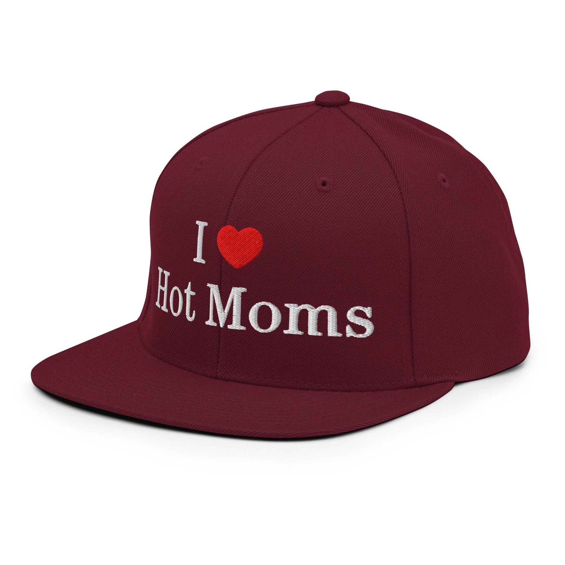I Love Hot Moms Embroidered Flat Bill Brim Snapback Hat