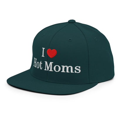 I Love Hot Moms Embroidered Flat Bill Brim Snapback Hat