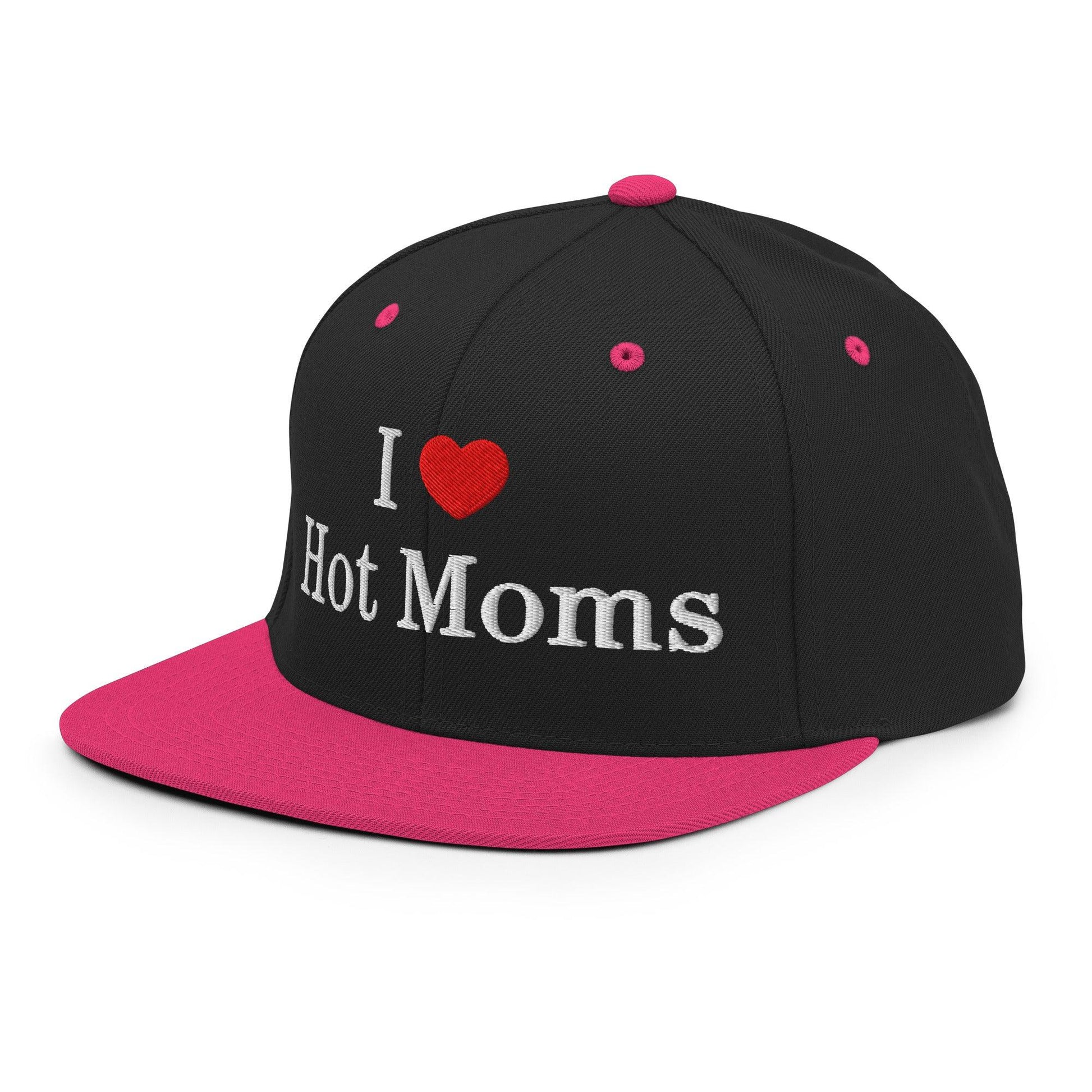 I Love Hot Moms Embroidered Flat Bill Brim Snapback Hat
