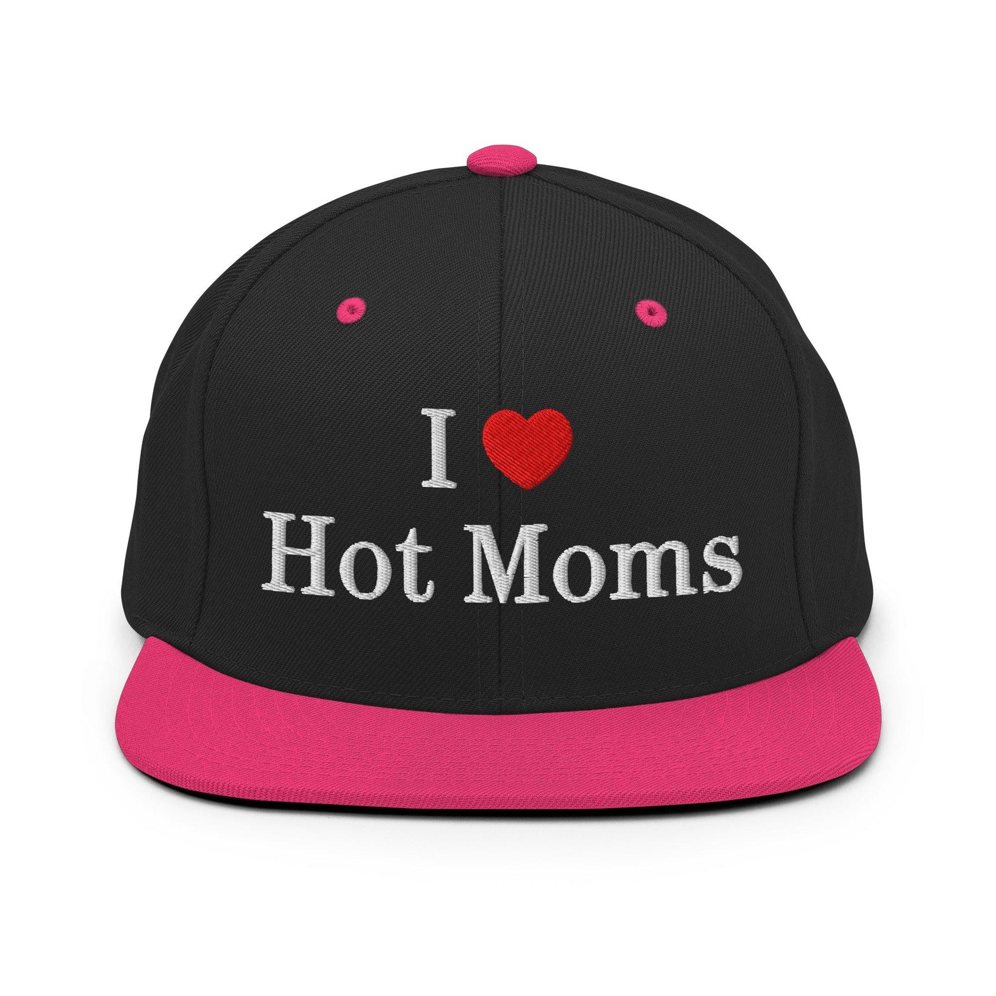I Love Hot Moms Embroidered Flat Bill Brim Snapback Hat - Black/ Neon Pink