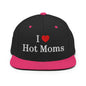 I Love Hot Moms Embroidered Flat Bill Brim Snapback Hat - Black/ Neon Pink