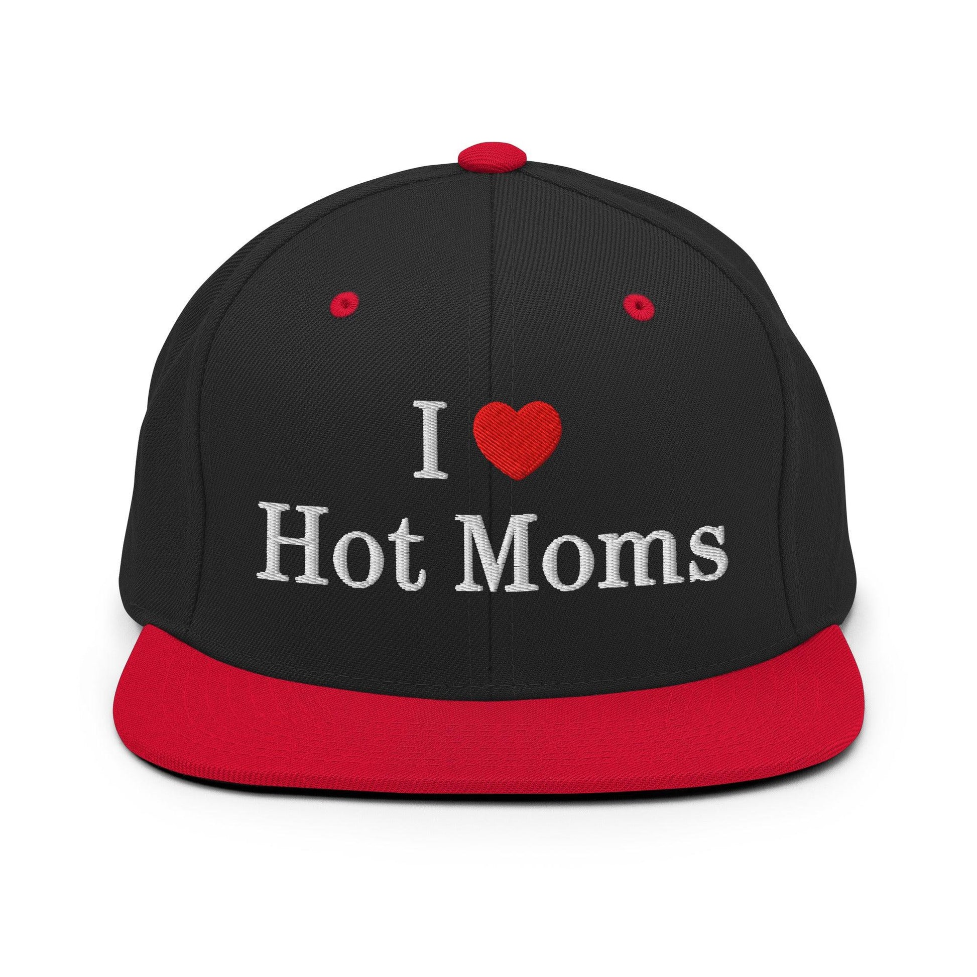 I Love Hot Moms Embroidered Flat Bill Brim Snapback Hat - Black/ Red