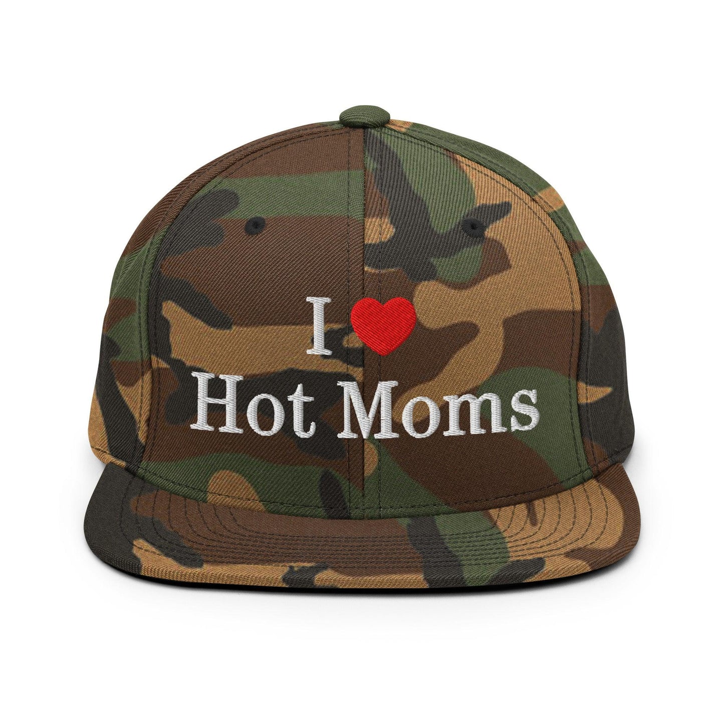 I Love Hot Moms Embroidered Flat Bill Brim Snapback Hat - Green Camo