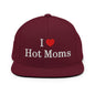 I Love Hot Moms Embroidered Flat Bill Brim Snapback Hat - Maroon