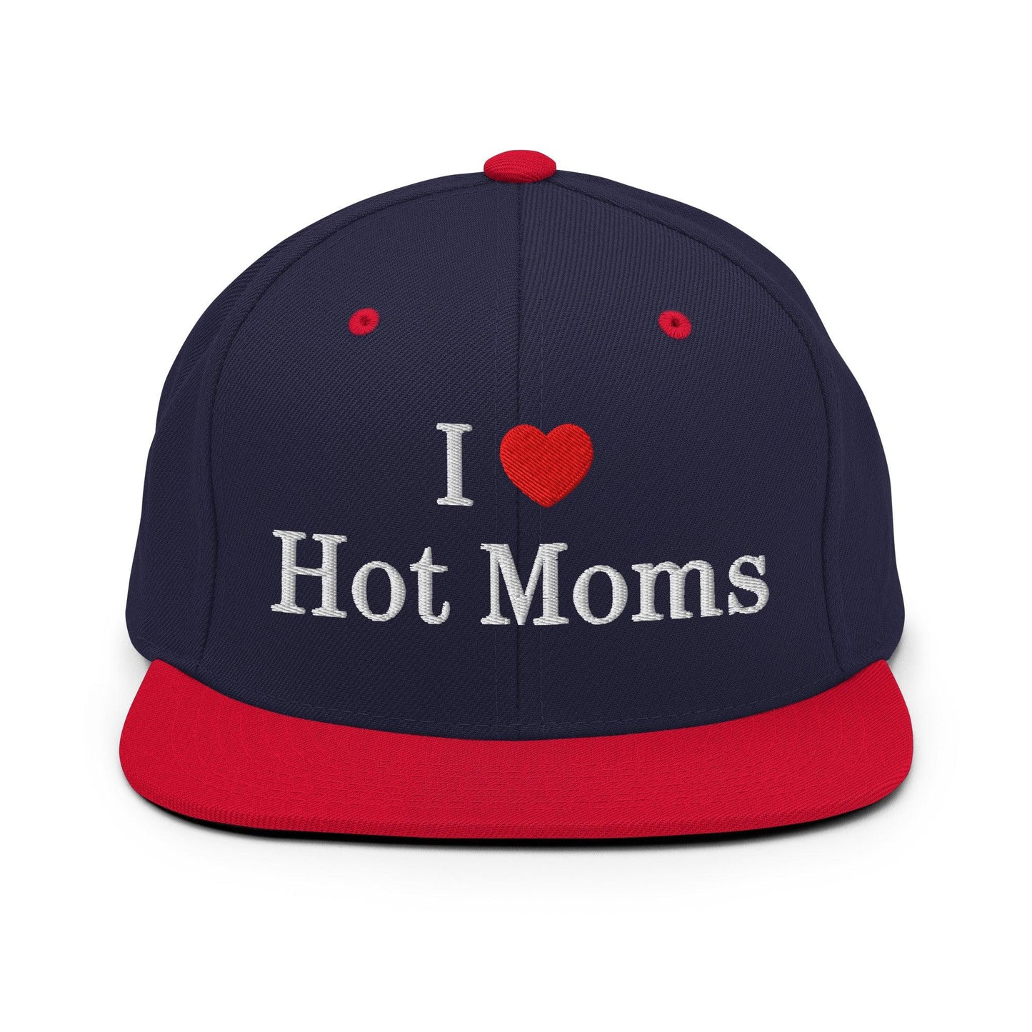 I Love Hot Moms Embroidered Flat Bill Brim Snapback Hat - Navy/ Red