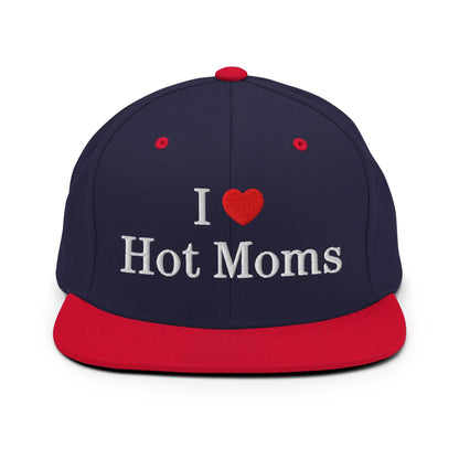 I Love Hot Moms Embroidered Flat Bill Brim Snapback Hat - Navy/ Red