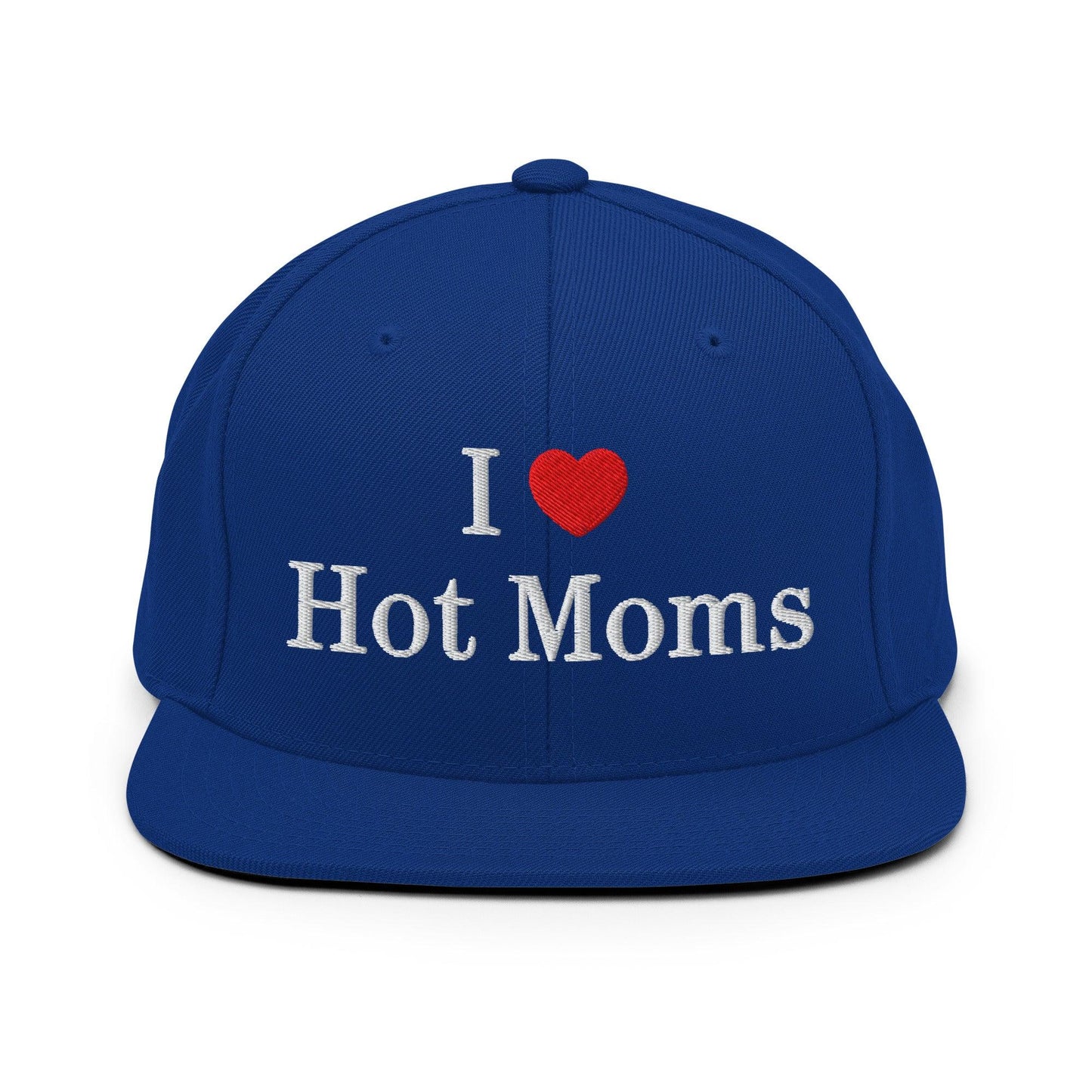I Love Hot Moms Embroidered Flat Bill Brim Snapback Hat - Royal Blue