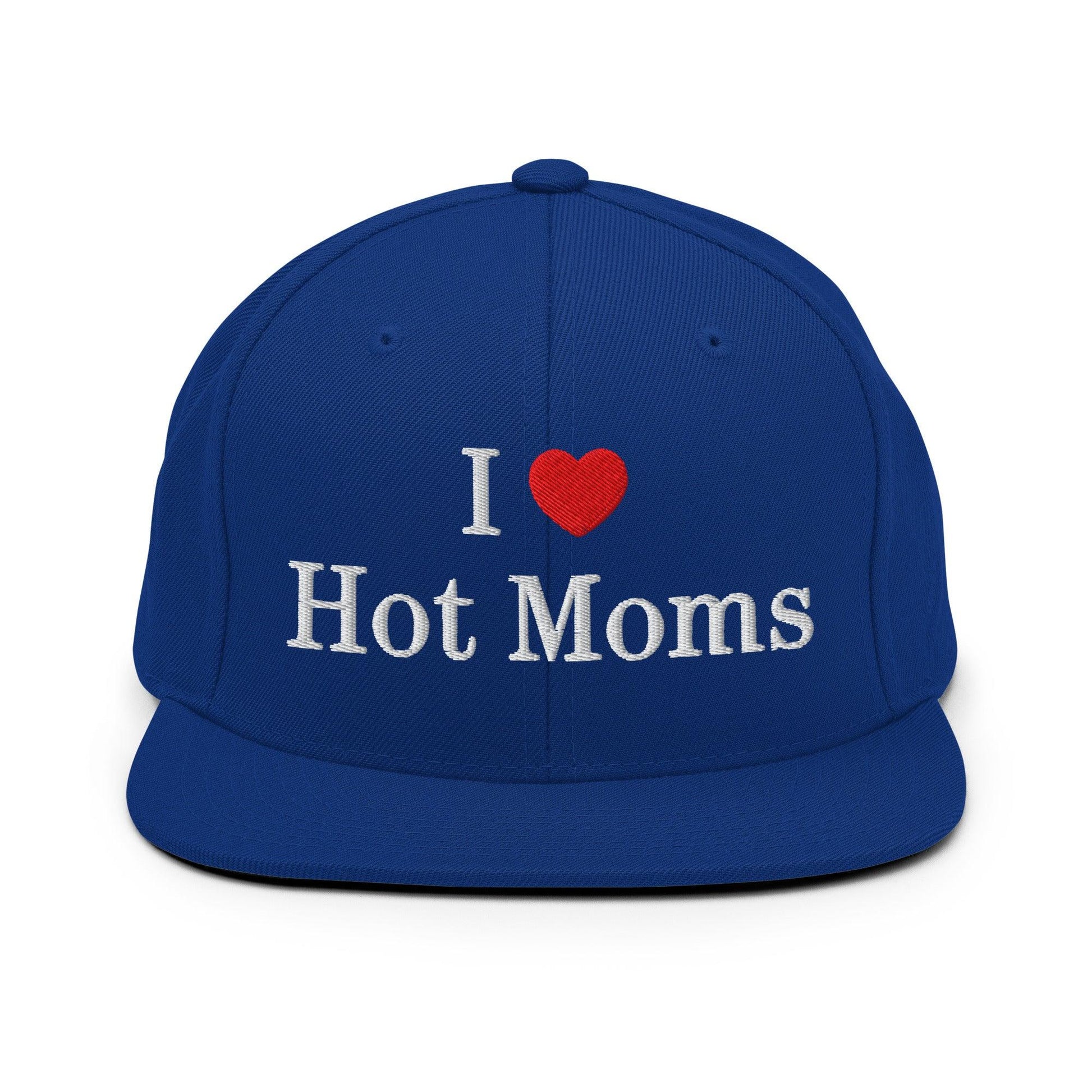 I Love Hot Moms Embroidered Flat Bill Brim Snapback Hat - Royal Blue