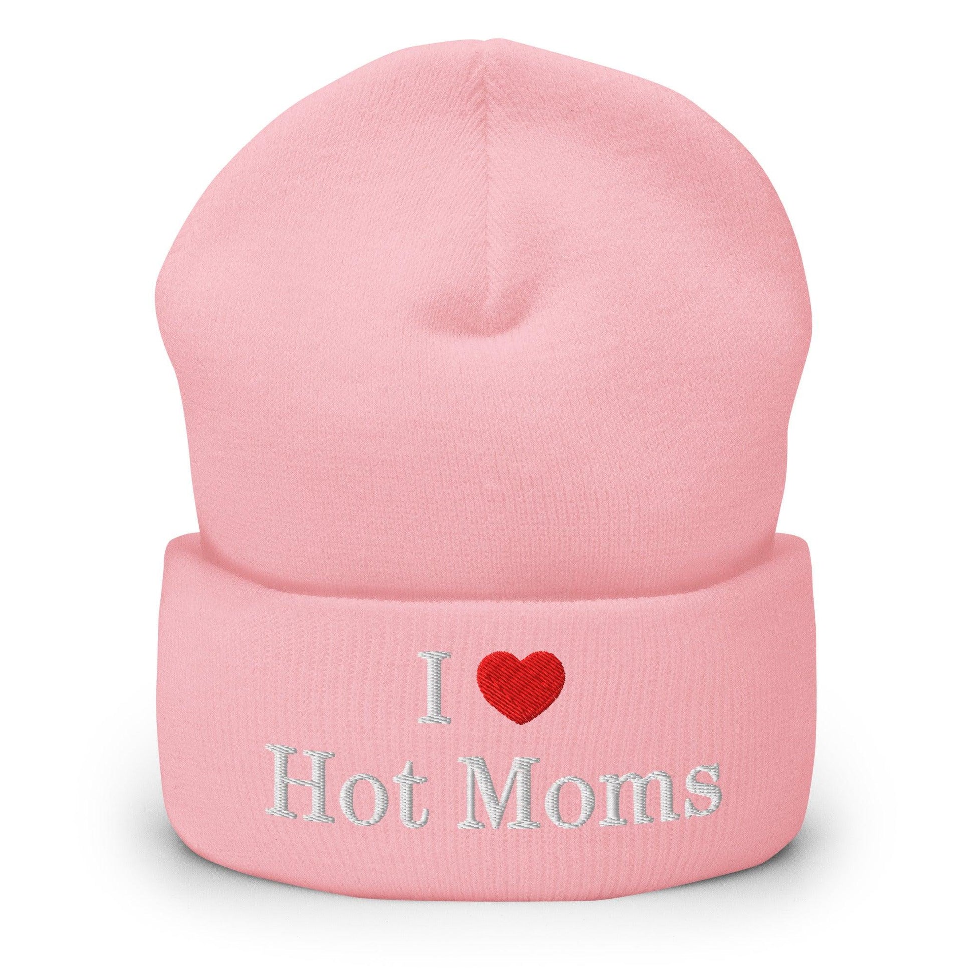 I Love Hot Moms Embroidered Knit Cuffed Beanie - Baby Pink