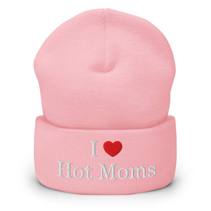 I Love Hot Moms Embroidered Knit Cuffed Beanie - Baby Pink