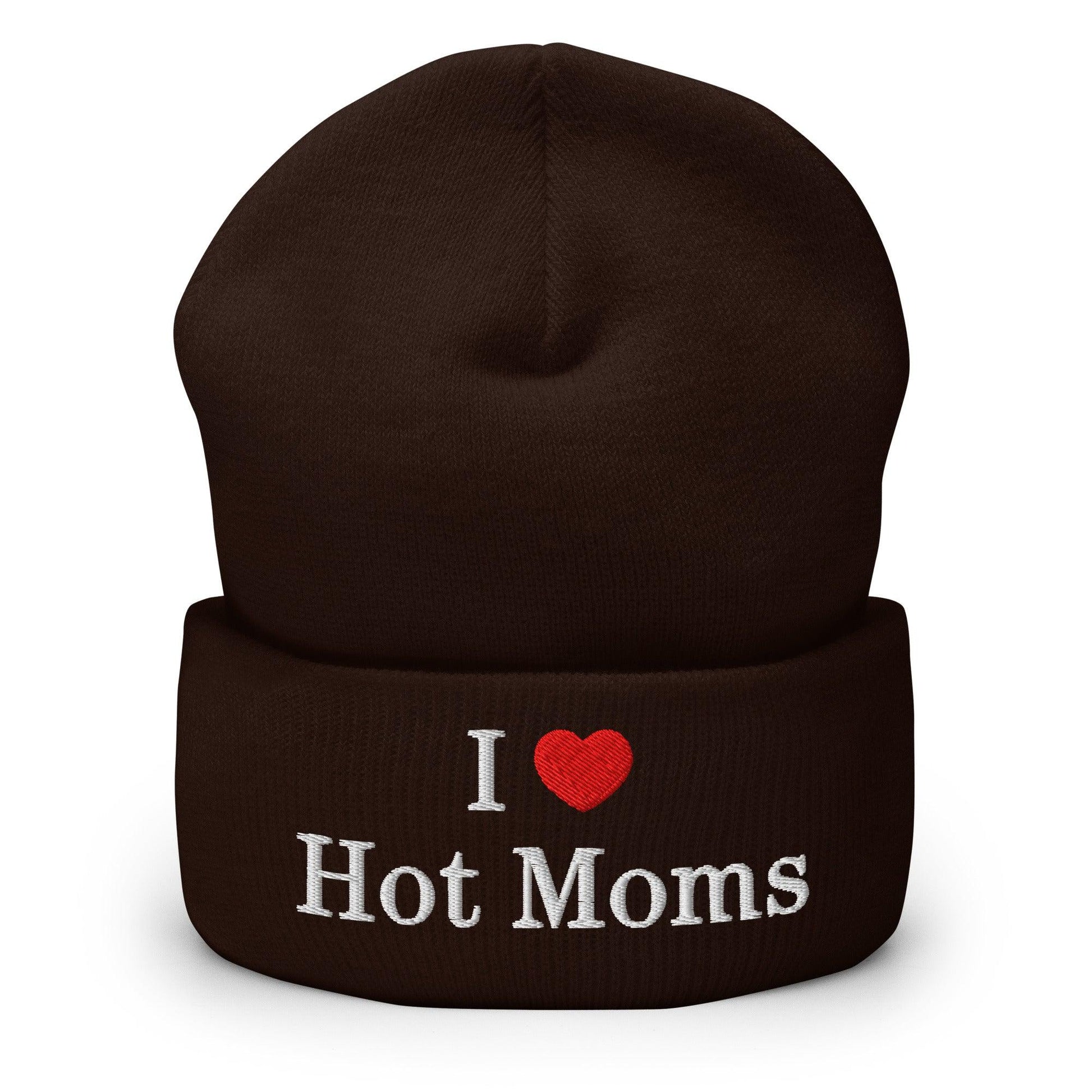 I Love Hot Moms Embroidered Knit Cuffed Beanie - Brown