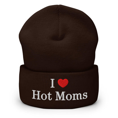 I Love Hot Moms Embroidered Knit Cuffed Beanie - Brown