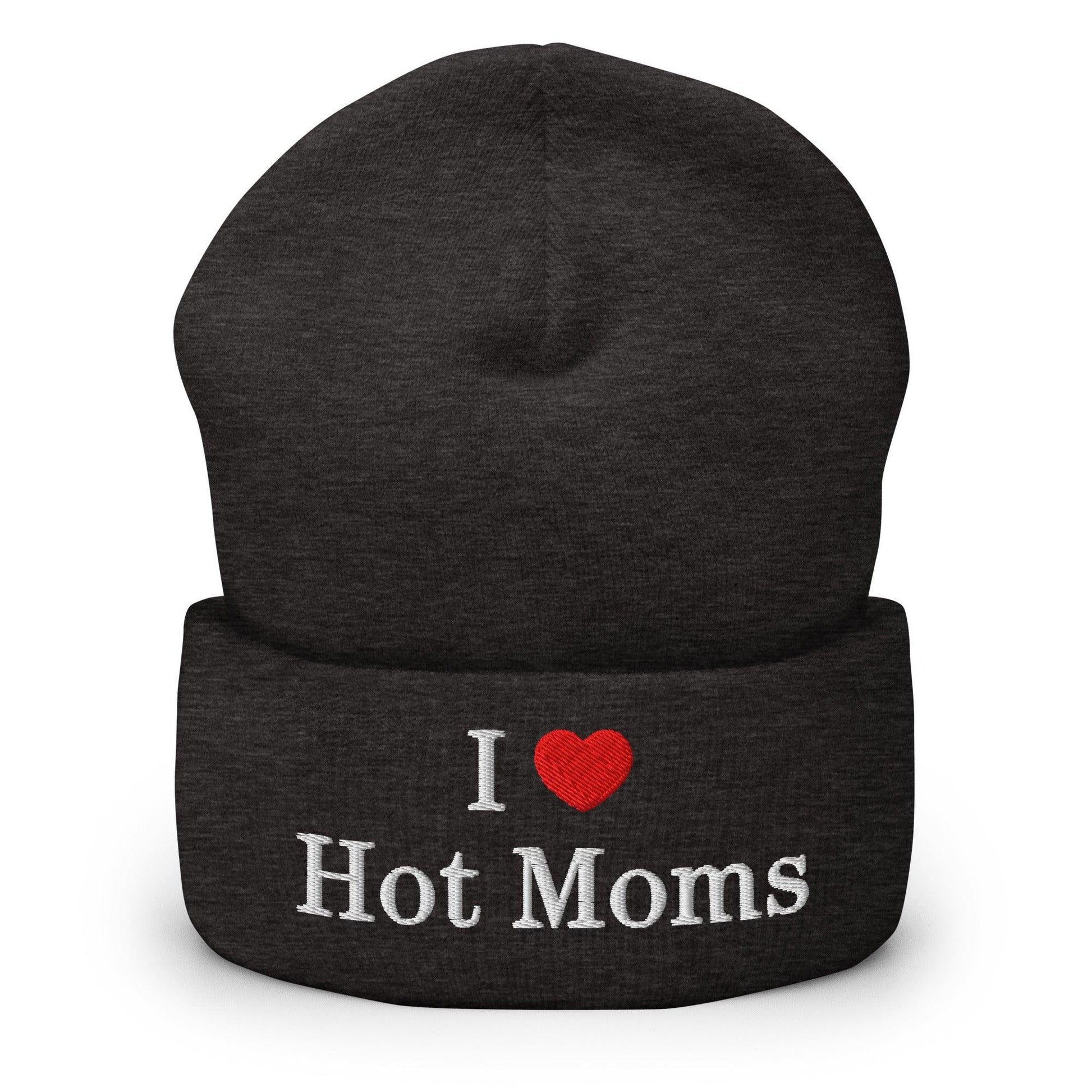 I Love Hot Moms Embroidered Knit Cuffed Beanie - Dark Grey