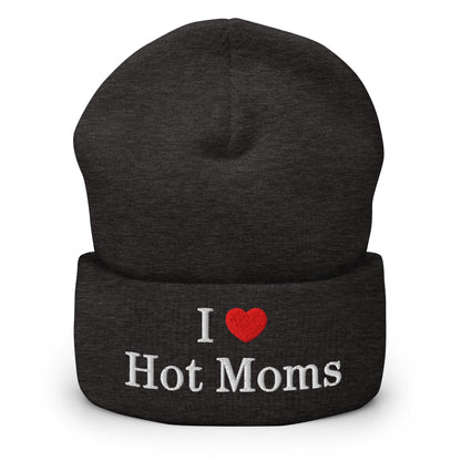 I Love Hot Moms Embroidered Knit Cuffed Beanie - Dark Grey